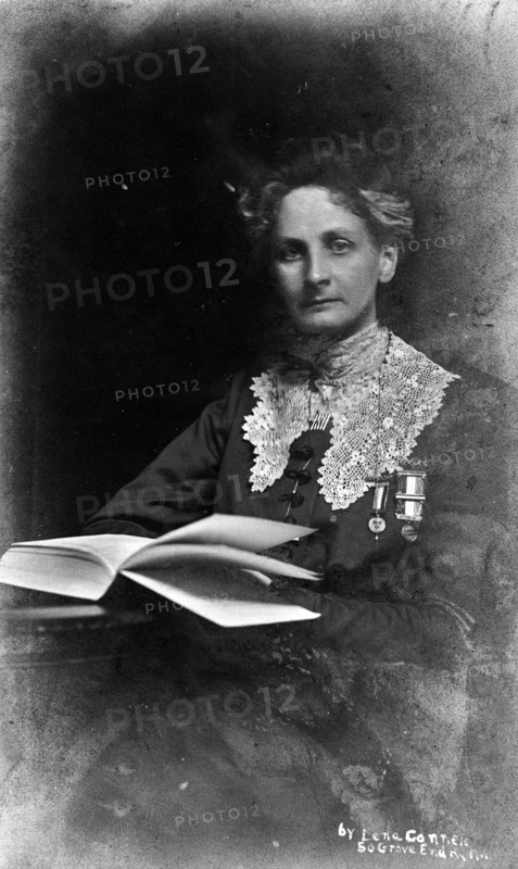 Suffragette, Lady Constance Lytton wearing a prison number badge and hunger strike medal, c1912. Artist: Unknown