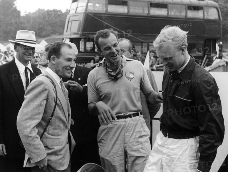 Stirling Moss with Harry Schell and Mike Hawthorn, Crystal Palace, July 1955. Artist: Unknown