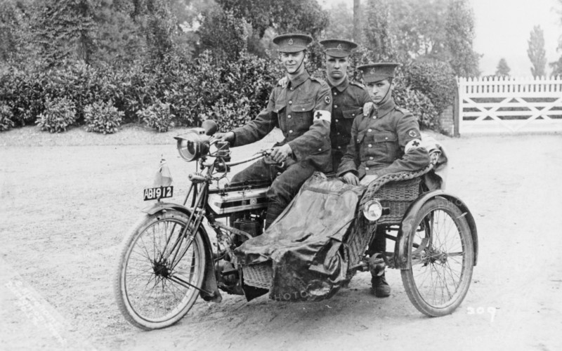Three soldiers on a bicycle and sidecar, (WWI?). Artist: Unknown