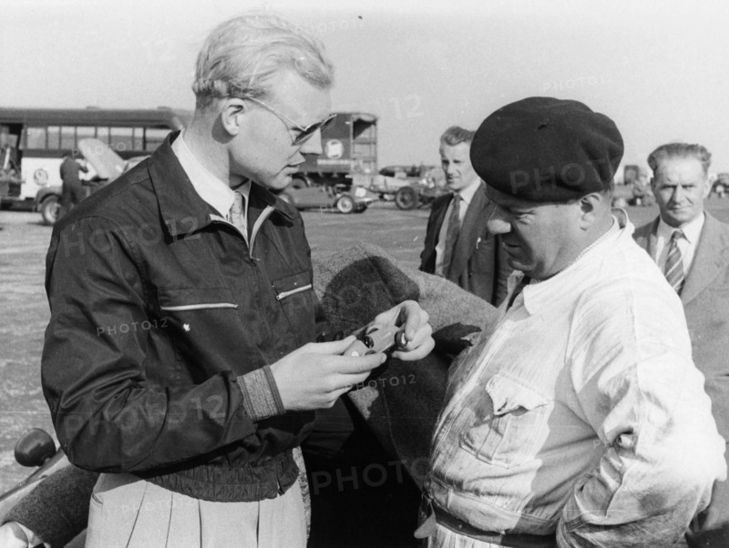 Mike Hawthorn with a model car, c1953-c1958. Artist: Unknown