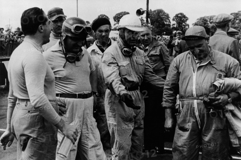 Alberto Ascari, Froilan Gonzalez, Guiseppe Farina (from left to right), and a mechanic.  Creator: Unknown.