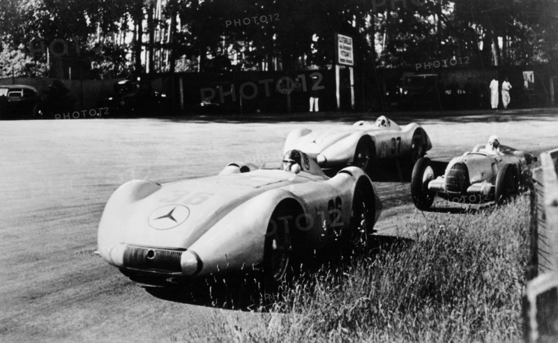 Mercedes Streamliner cars competing in the Avusrennen, Berlin, 1937. Artist: Unknown