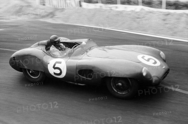 The winning Aston Martin DBR1 in the Le Mans 24 Hours, France, 1959. Artist: Maxwell Boyd