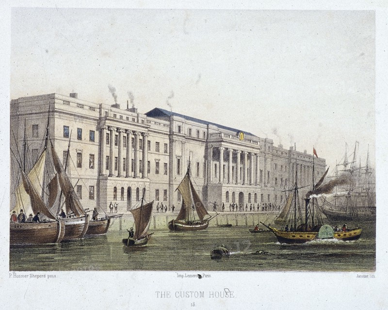 Custom House and River Thames, London, 1854. Artist: Louis Julien Jacottet