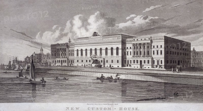 Custom House and River Thames, London, c1820. Artist: C Rivers