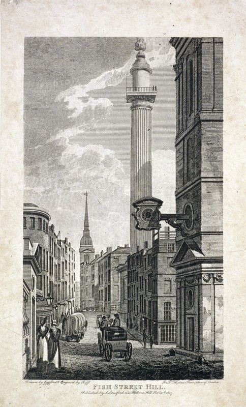 Fish Street Hill and the Monument, London, 1817. Artist: Robert Cabbel Roffe