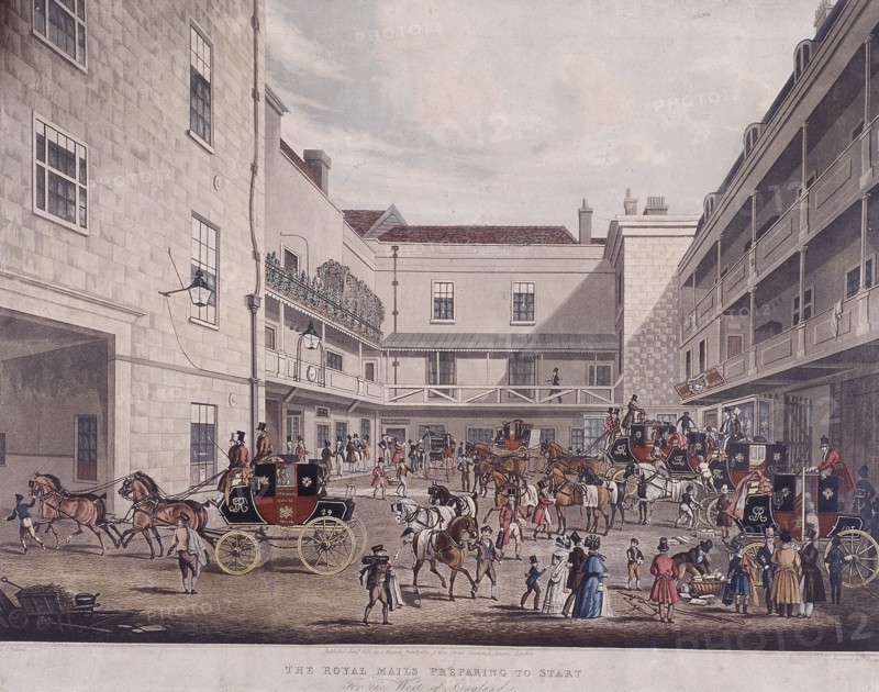 Royal Mail Coaches at Lad Lane, London, 1831. Artist: F Rosenberg