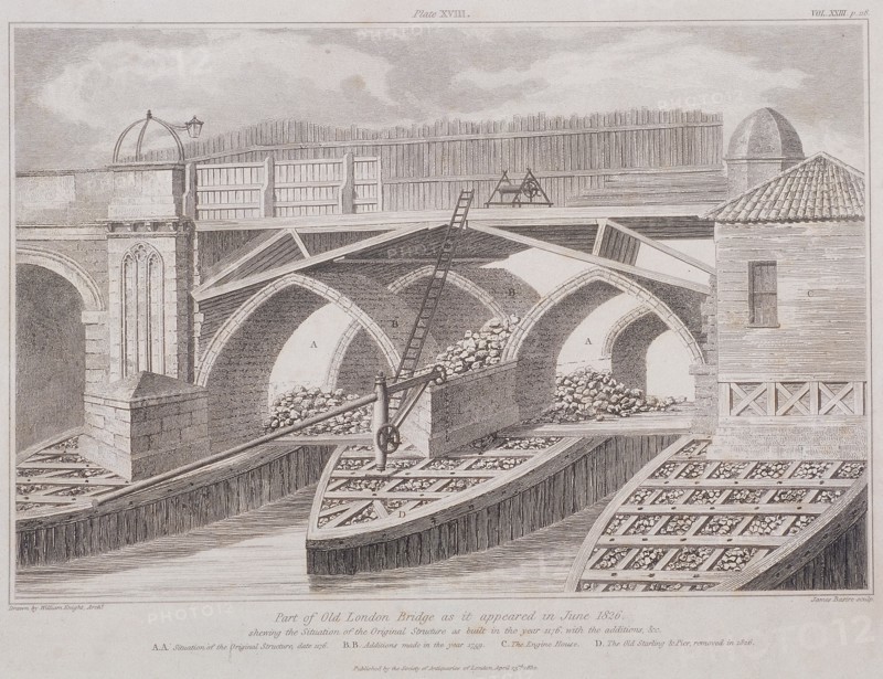 London Bridge (old), London, 1830. Artist: James Basire I