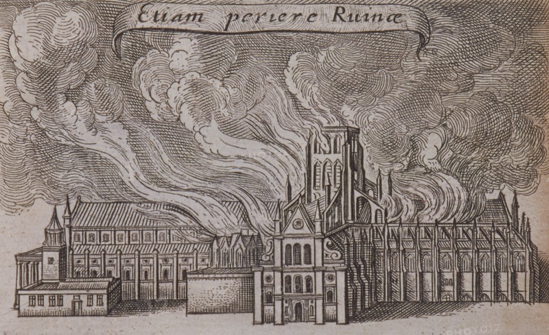 St Paul's Cathedral (old), London, on fire, 1666. Artist: Wenceslaus Hollar