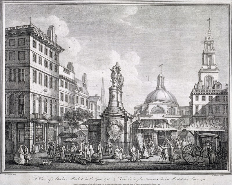 Stocks Market in Poultry, London, c1728. Artist: Sutton Nicholls