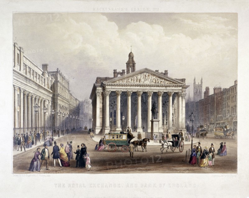 Royal Exchange and the Bank of England on the left, London, 1851. Artist: Thomas Picken