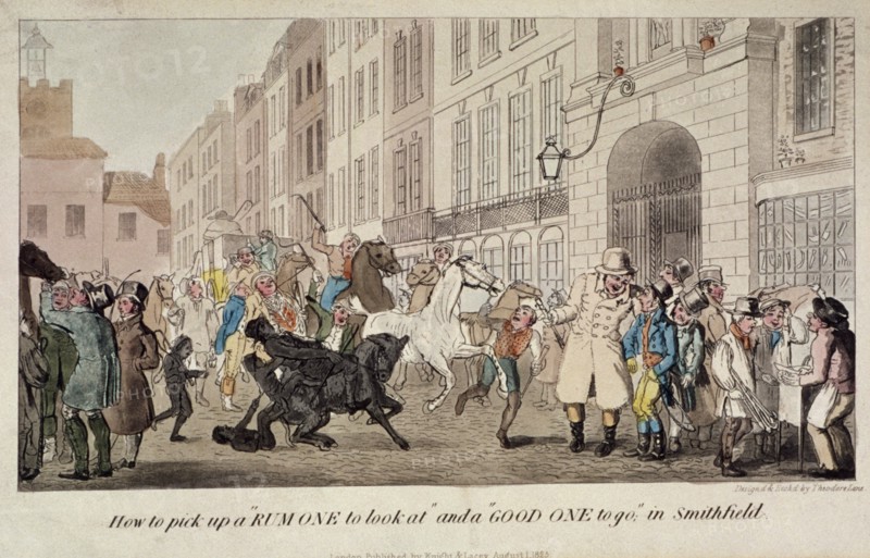 People bargaining for mounts at West Smithfield, London, 1825. Artist: Theodore Lane