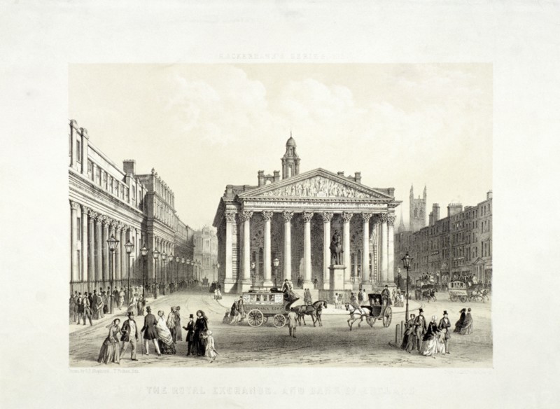Royal Exchange and the Bank of England on the left, London, 1851. Artist: Thomas Picken
