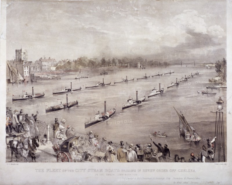 The fleet of the City steamboats passing in review order off Chelsea, London, c1860. Artist: Edwin Jewitt