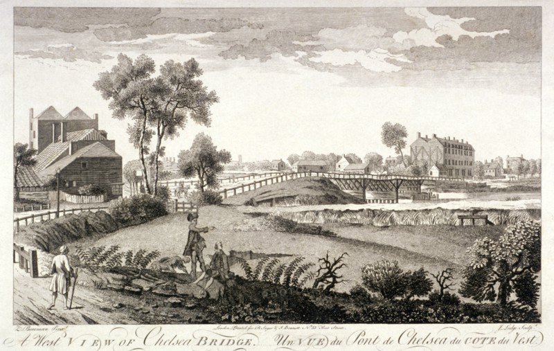West view of Chelsea Bridge, London, c1760. Artist: William Lodge