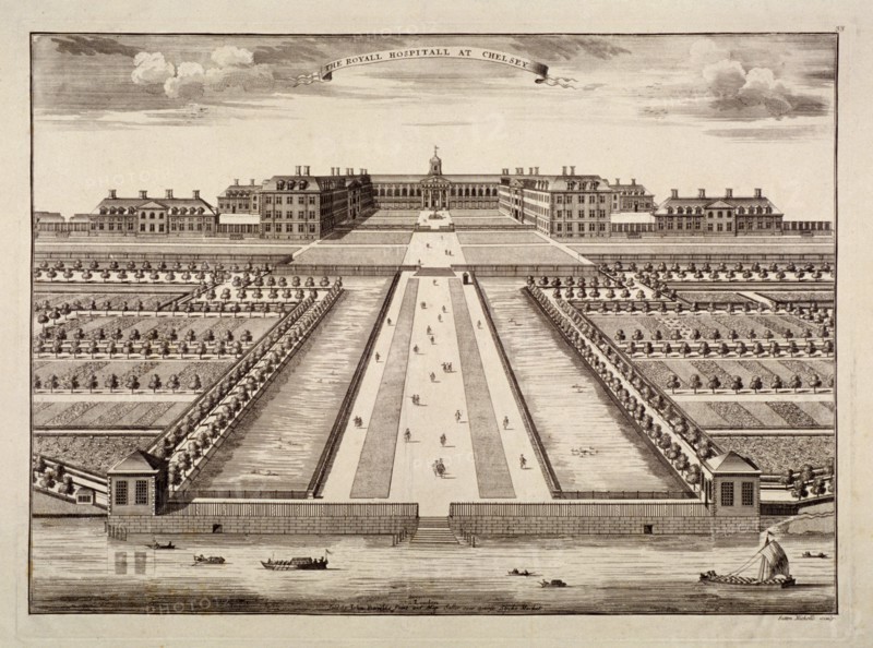Bird's-eye view of the Royal Hospital, Chelsea, London, c1750. Artist: Sutton Nicholls