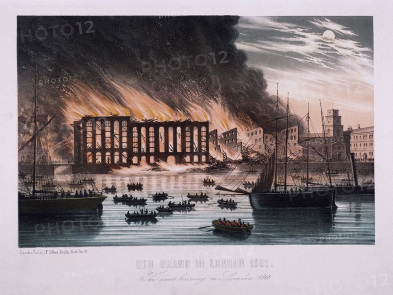 View of the Cotton's Wharf Fire, Bermondsey, London, 1861. Artist: Anon