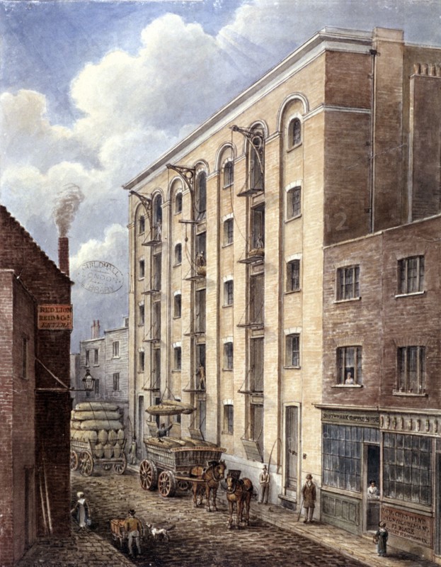 Hay's Wharf with carts being loaded up outside, Bermondsey, London, 1834. Artist: Unknown