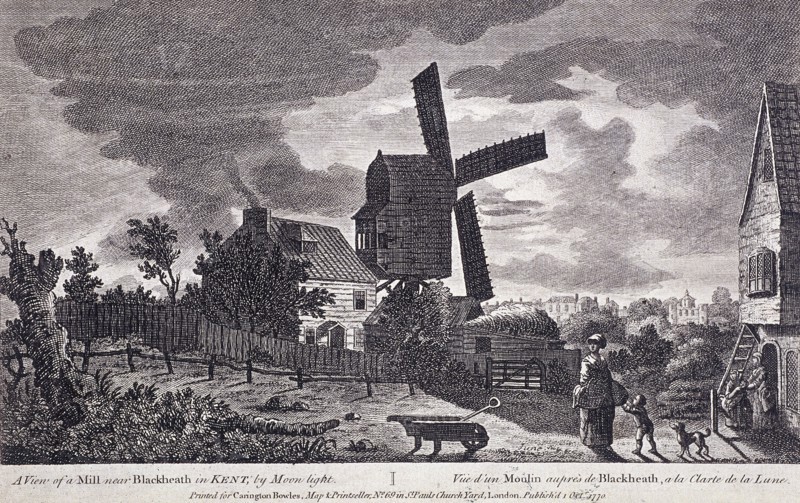 A mill on Blackheath by moonlight; including figures and a windmill, Greenwich, London, 1770. Artist: John June