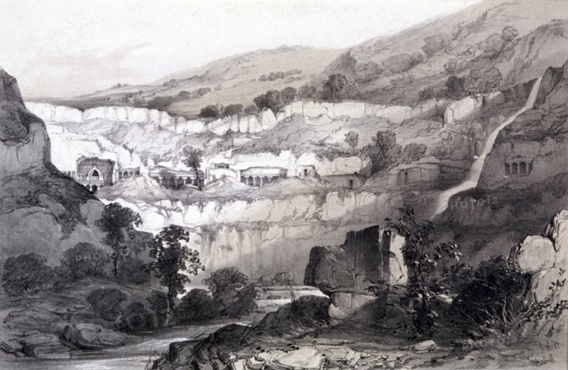 View of Caves, Ajunta, India, 1844. Artist: Thomas Colman Dibdin