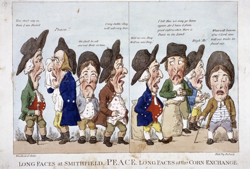 'Men bemoaning peace', Corn Exchange, London, 1815. Artist: Piercy Roberts
