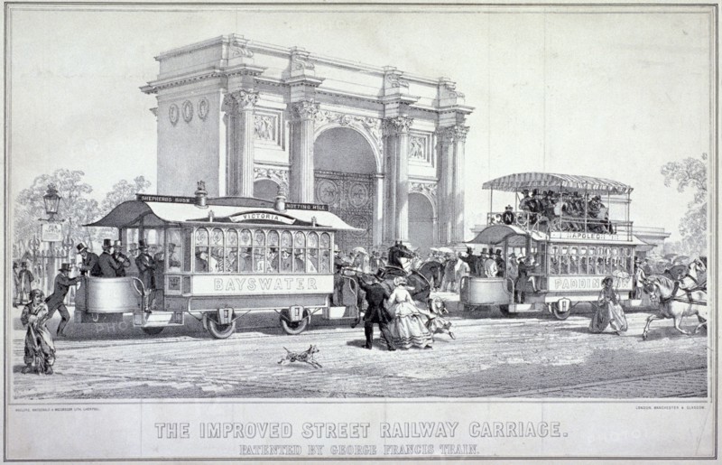 Marble Arch and street trams, London, 1860. Artist: Macdonald