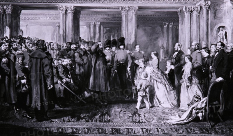 Queen Victoria presenting medals to the Guards after the Crimean War, 1856. Artist: W Bunney