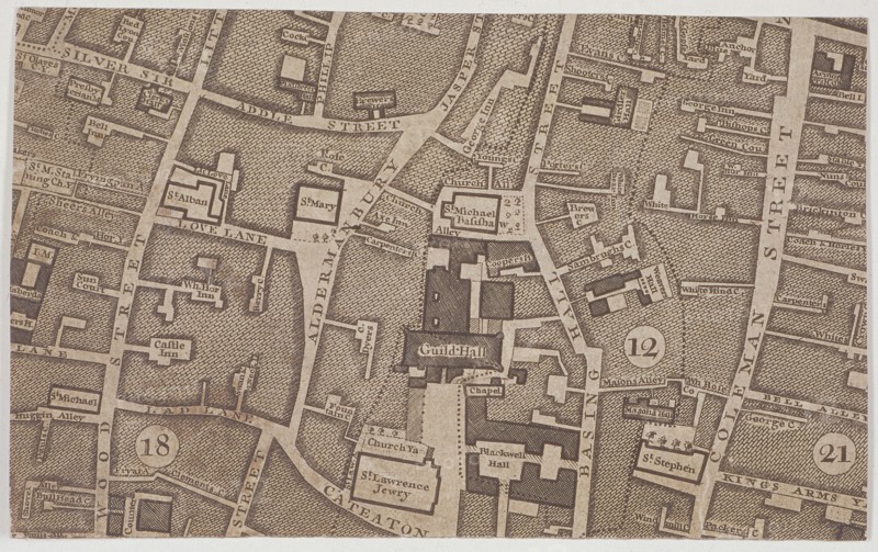 Plan of Guildhall and the neighbourhood around Guildhall, London, 1747. Artist: John Rocque