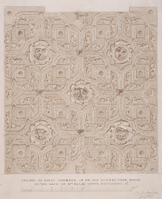 Ceiling of guest chamber in a house on Whitecross Street, London, 1871. Artist: Charles James Richardson