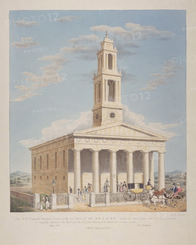 North west view of St George, Camberwell with figures in the front. Camberwell, London, 1827. Artist: Charles Joseph Hullmandel