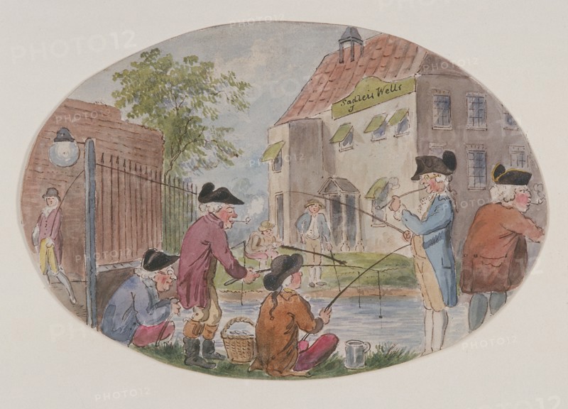 View of anglers opposite Sadler's Wells Theatre. Finsbury, Islington, London, c1800. Artist: S Woodward