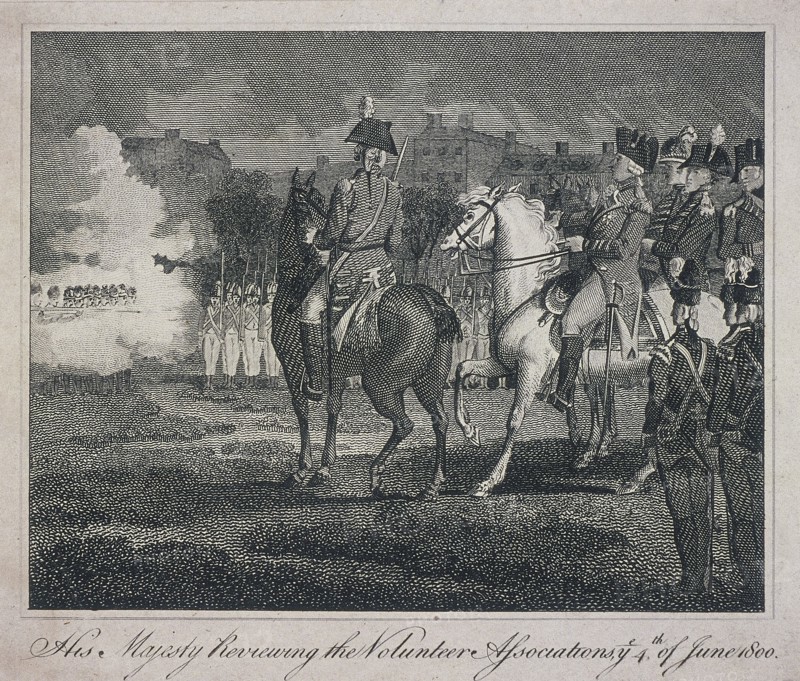 George III, on horseback, reviewing volunteers, City Road, Finsbury, Islington, London, 1800. Artist: Anon