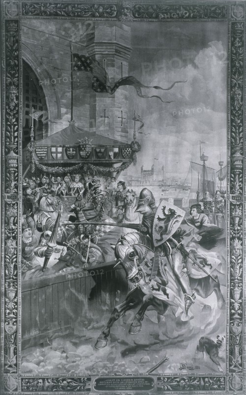 Solemn Joust on London Bridge, late 15th century, (1886). Artist: Richard Beavis
