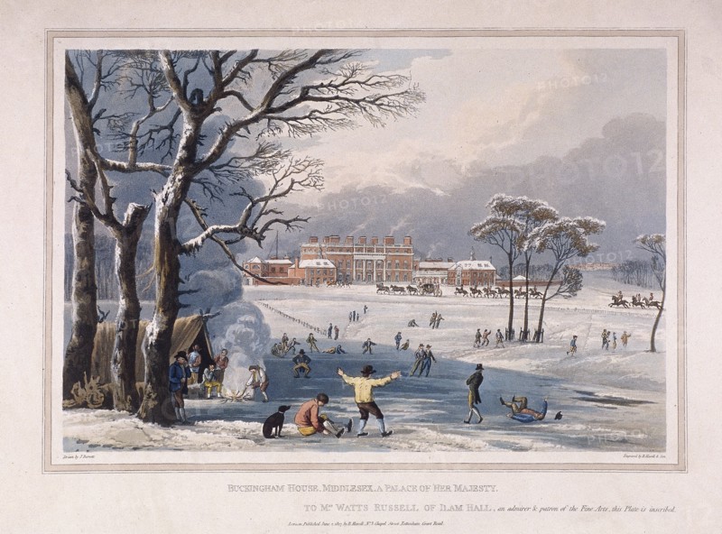 Buckingham House and St James's Park in the winter, London, 1817. Artist: Robert Havell
