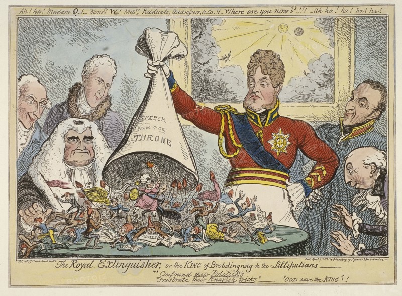 'The Royal Extinguisher, or the King of Brobdingnag & the Lilliputians', 1821. Artist: George Cruikshank
