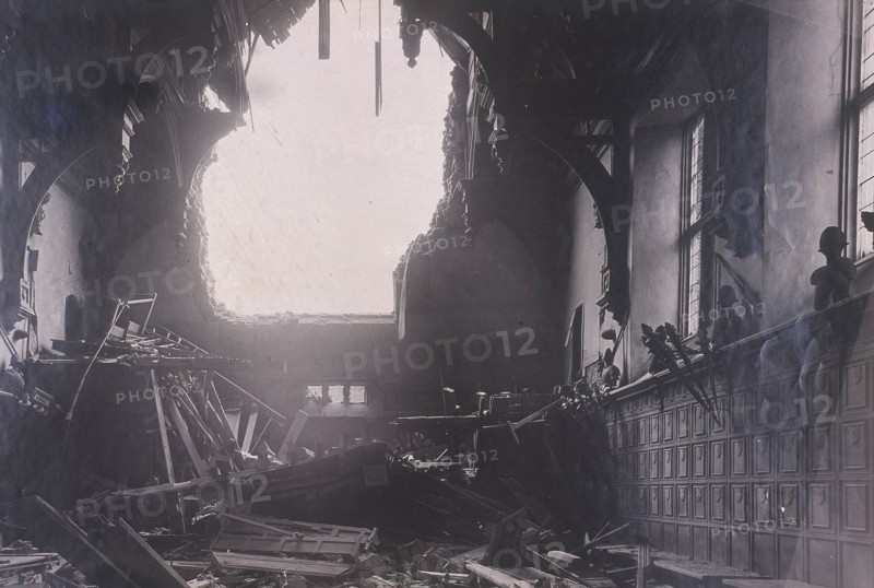 Interior view of Middle Temple Hall, City of London, after an air raid, c1941. Artist: Anon