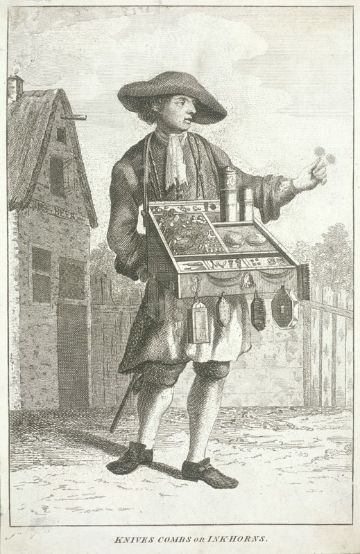 'Knives Combs or Ink-horns', Cries of London, c1750. Artist: JM
