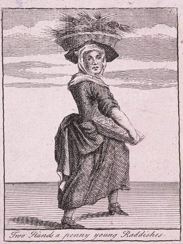 'Two Hands a penny young Raddishes', Cries of London, (c1688?). Artist: Anon