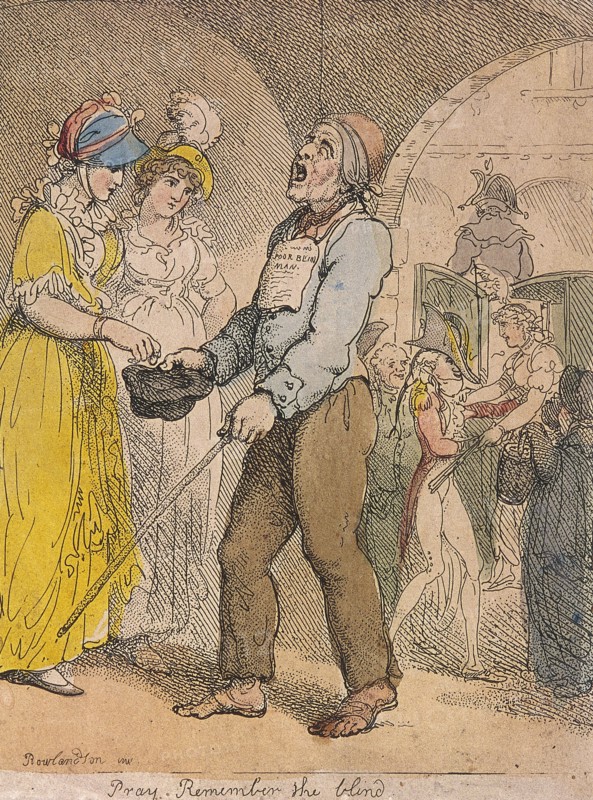 'Pray remember the blind'; scene under Covent Garden piazza, Cries of London, 1811. Artist: Anon
