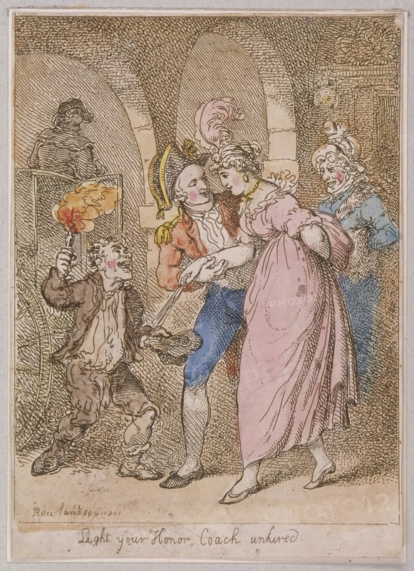 'Light your Honor Coach unhired'; scene at Covent Garden piazza,Cries of London, 1811. Artist: Anon