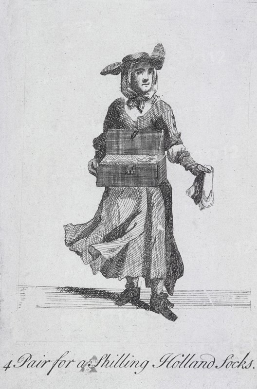 '4 Pair for a Shilling Holland Socks', Cries of London, (c1688?). Artist: Anon