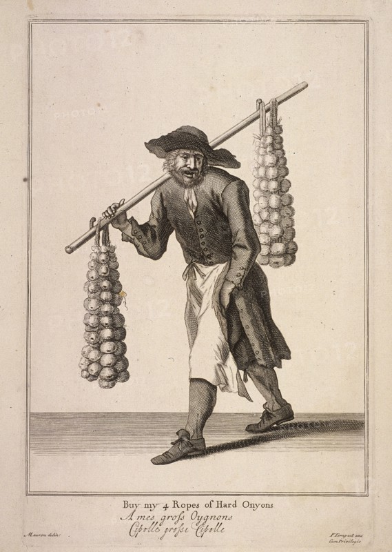 'Buy my 4 Ropes of Hard Onyons', Cries of London, (c1688?). Artist: Anon