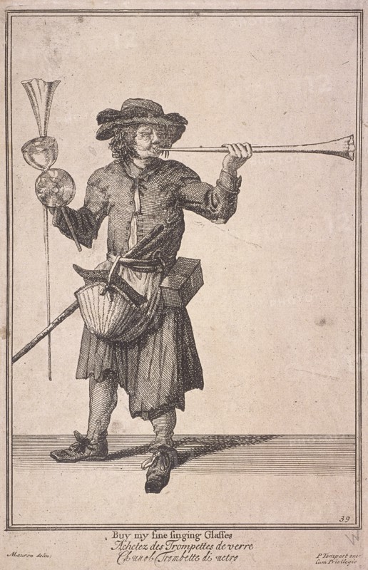 'Buy my fine singing Glasses', Cries of London, (1688?). Artist: Anon