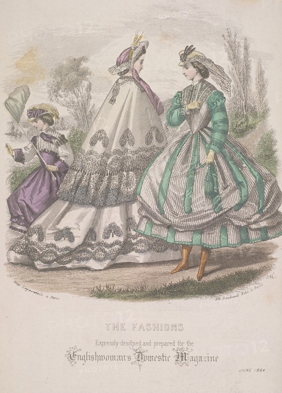 Two women and a child with a butterfly net model the latest fashions, 1864. Artist: Anon