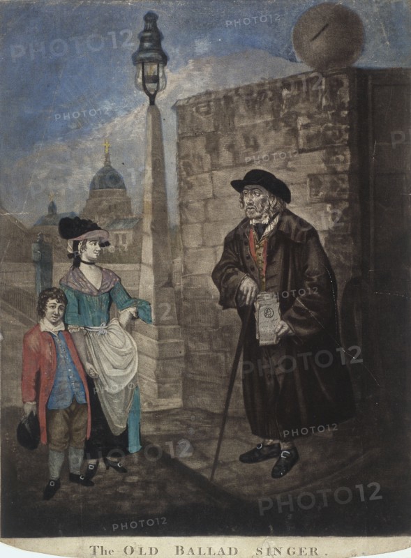 Old ballad singer standing on a street corner, c1780. Artist: JR Smith