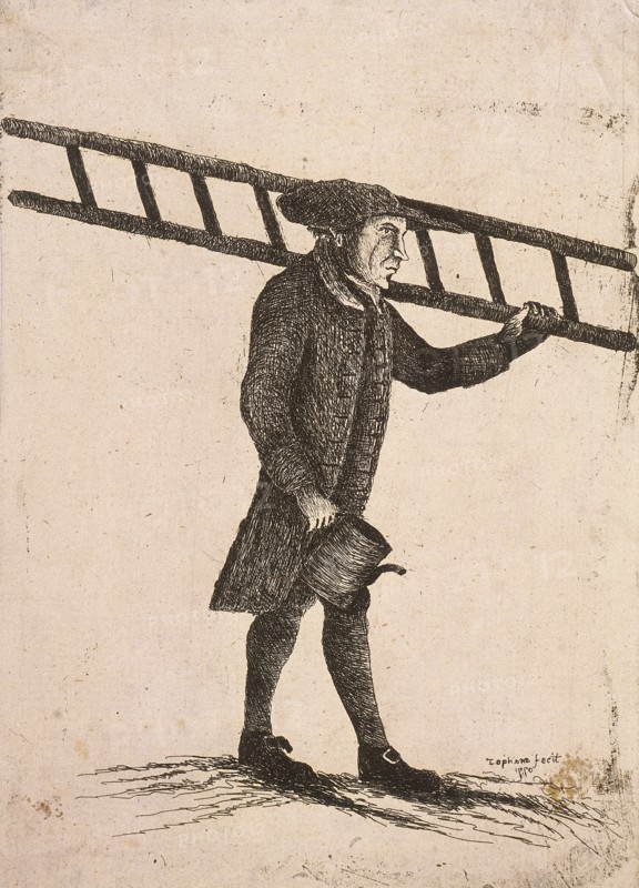 Lamplighter holding a ladder and an oil can, 1770. Artist: Edward Topham