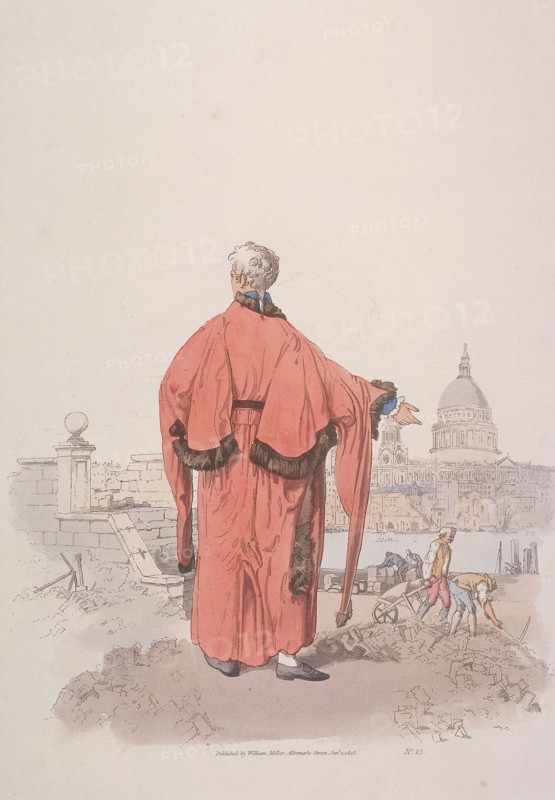 Alderman in civic costume looking towards St Paul's Cathedral, London, 1805. Artist: William Henry Pyne