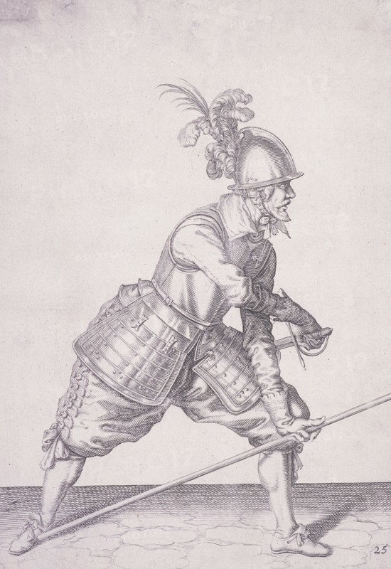 Figure in military clothing holding a pike in one hand and a sword in the other, 1607. Artist: Anon