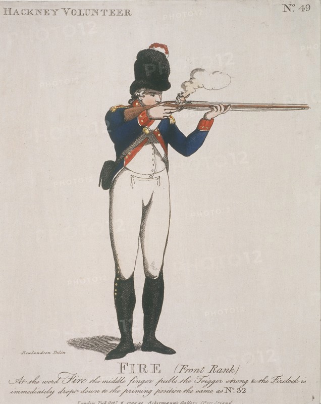 Hackney Volunteer firing a rifle, 1798. Artist: Anon