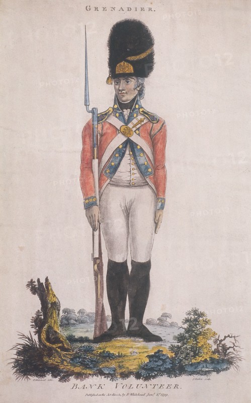 Grenadier in the Bank Volunteers, holding a rifle with a bayonet attached, 1799. Artist: John Barlow